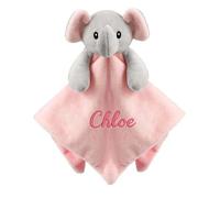 Personalised Newborn Baby Boys Girls Toy Comforter Blankets Elephant, Bunny, Giraffe, Zebra Teddy Embroidered Name | Gift Toy Comforter (Pink Mink Elephant)