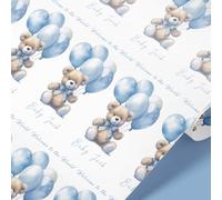 Personalised Newborn Blue Teddy Bear Wrapping Paper | Personalised Newborn Gift Wrap | Rolls - 61cm Width | New Baby Present Idea | Baby Wrapping paper (Blue, 2m)