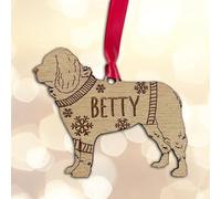 Personalised Newfoundland Dog Christmas Tree Bauble Decoration, Wearing a Dog Jumper Design with Snowflakes, Customised Puppy Hanging Ornament, Oak Veneer Wood with Red Ribbon