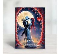 Personalised Nightmare Before Christmas-themed Valentine’s Day card featuring Jack & Sally embracing under an archway of hearts.