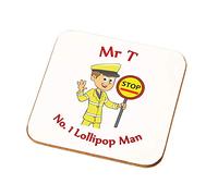 Personalised No.1 Lollipop Man Coaster Gift Male Number One Lollipop Man Present (Brown Hair White Skin)