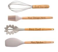Personalised Non-Stick Silicone Cooking Utensils Set, Custom Engraved Wood Handle 4 Pcs Set, Kitchen Creative Gifts for Mother's Day Father Son Daughter Christmas Birthday Wedding Anniversary