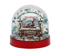 Personalised North Pole Express Train, Custom Name Print, Christmas Festive Holiday Special Delivery Artwork, Snow Globe Dome Glitter Shaker. (Metalik Red)