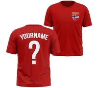 Personalised Norway Badge Kids T Shirt Custom Name Number Football Supporter Boys Girls Youth Gift Tee, 7-8 Years, Red