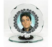 Personalised Nostalgia Elvis Presley Photo Custom Made Unique Cut Glass Round Plaque with Diamante Crystals on The Frame, Ltd Edition