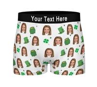 Personalised Novelty Boxer Briefs with Photo Face, Personalized St Patrick's Day Lucky Green Shamrock Clover Mens Boxer Briefs, Personalised Irish Festive Gift for Mens Happy St. Patrick's Day