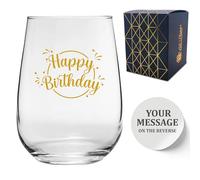 Personalised Novelty Happy Birthday Gold Printed Stemless Wine Drinks Vodka Gin Rum Tumbler, Customise The Reverse with Your Text for Any Occasion, Gift Box Included, Printed and Engraved in The UK