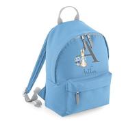 Personalised Nursery Backpack with Pink Peter Bunny Custom Initial and Name Rucksack, Customised Bag For Back to School Primary Preschool Baby Toddler Childs Bag Travel Gym Back Pack - Sky Blue Small