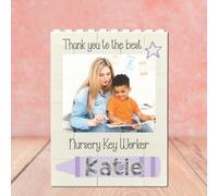 Personalised Nursery Teacher Building Blocks Photo Plaque | Custom Thank You Gift for Pre-School Assistant | Unique Add Own Name Keepsake | Handmade Nursery Staff Appreciation Present, Lilac