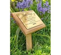 Personalised Oak Memorial Garden Plaque, Brass Effect Plate, Wooden Stake Marker