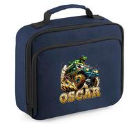 Personalised Off Road Truck Lunch Box Monster Dinosaur Custom Name Boys Toddler Kids School Gift Nursery Bag, 24cm x 20cm x 8cm, Navy