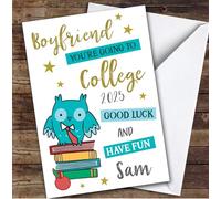 Personalised Off To College Card For Boyfriend Blue Owl | Custom Greetings Card For Off To College Any Text Inside & Out