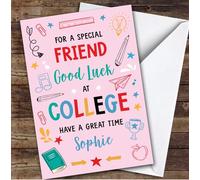 Personalised Off To College Card For Friend Bright Doodle Pink | Custom Greetings Card For Off To College Any Text Inside & Out