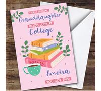 Personalised Off To College Card For Granddaughter Books Mug Pink | Custom Greetings Card For Off To College Any Text Inside & Out