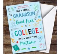 Personalised Off To College Card For Grandson Bright Doodle Blue | Custom Greetings Card For Off To College Any Text Inside & Out