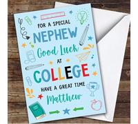Personalised Off To College Card For Nephew Bright Doodle Blue | Custom Greetings Card For Off To College Any Text Inside & Out
