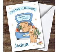 Personalised Off To University Card For Anyone Blue Car Moving Boxes | Custom Greetings Card For Off To University Any Text Inside & Out