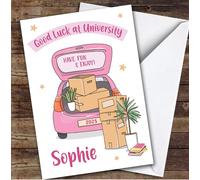 Personalised Off To University Card For Anyone Pink Car Moving Boxes | Custom Greetings Card For Off To University Any Text Inside & Out