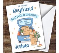 Personalised Off To University Card For Boyfriend Blue Car Moving Boxes | Custom Greetings Card For Off To University Any Text Inside & Out