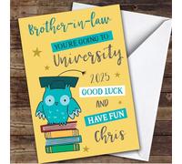 Personalised Off To University Card For Brother-In-Law Blue Owl | Personalized Custom Unique Greetings Card For Off To University Any Text Inside & Out