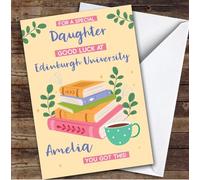 Personalised Off To University Card For Daughter Books Mug Yellow | Custom Greetings Card For Off To University Any Text Inside & Out