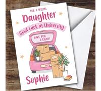 Personalised Off To University Card For Daughter Pink Car Moving Boxes | Custom Greetings Card For Off To University Any Text Inside & Out