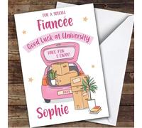 Personalised Off To University Card For Fiancee Pink Car Moving Boxes | Custom Greetings Card For Off To University Any Text Inside & Out