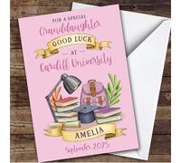 Personalised Off To University Card For Granddaughter Pink Book Backpack | Custom Greetings Card For Off To University Any Text Inside & Out