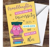 Personalised Off To University Card For Granddaughter Pink Owl | Custom Greetings Card For Off To University Any Text Inside & Out
