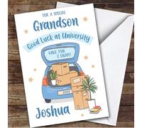 Personalised Off To University Card For Grandson Blue Car Moving Boxes | Custom Greetings Card For Off To University Any Text Inside & Out
