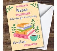 Personalised Off To University Card For Niece Books Mug Yellow | Custom Greetings Card For Off To University Any Text Inside & Out