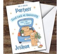 Personalised Off To University Card For Partner Blue Car Moving Boxes | Custom Greetings Card For Off To University Any Text Inside & Out