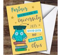 Personalised Off To University Card For Partner Blue Owl | Custom Greetings Card For Off To University Any Text Inside & Out