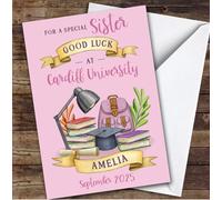 Personalised Off To University Card For Sister Pink Book Backpack | Custom Greetings Card For Off To University Any Text Inside & Out