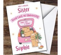 Personalised Off To University Card For Sister Pink Car Moving Boxes | Custom Greetings Card For Off To University Any Text Inside & Out