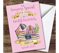 Personalised Off To University Card For Someone Special Pink Book Backpack | Custom Greetings Card For Off To University Any Text