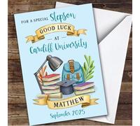 Personalised Off To University Card For Stepson Blue Book Backpack | Custom Greetings Card For Off To University Any Text Inside & Out