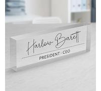 Personalised Office Desk Name Plate Custom Modern Plaque Sign Clear Glass Effect Black Acrylic Base Work Home Gift for Loved Ones