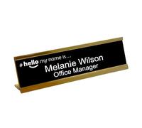 Personalised Office Desk Sign Gold Name Plate Holder Custom Plaque Work Home Prestige - Style C Hello My Name Is...