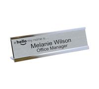 Personalised Office Desk Sign Silver Name Plate Holder Custom Plaque Work Home Prestige - Style C Hello My Name Is...
