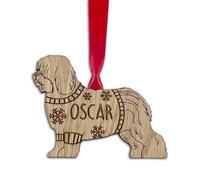 Personalised Old English Sheepdog Dog Christmas Tree Bauble, Jumper with Snowflakes Design, Oak Veneer Wood or White Wood Decoration with Red Ribbon (White Wood, Decoration with Gift Box)