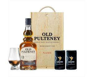 Personalised Old Pulteney 70cl Single Malt Whisky Gift Set - 46% ABV - Presented in a Wooden Box with Glencairn Glass & 2 x Larkfire Water - Premium Whisky Gift for Him, Birthdays & Special Occasions