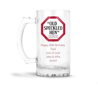 Personalised Old Speckled Hen Glass Pale Ale Beer Tankard with Handle, 0.8 Pint, 16oz Capacity, Custom Message Design, Gift Box Available (Print with Handle on Left, No Gift Box)