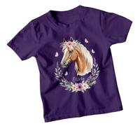 Personalised Olivia Horse Girls T-Shirt Custom Name Watercolor Animals Tee Kids Top with Floral Wreath Butterflies 7-8 Years Purple