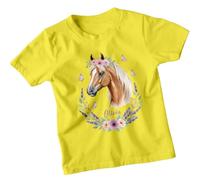 Personalised Olivia Horse Girls T-Shirt Custom Name Watercolor Animals Tee Kids Top with Floral Wreath Butterflies 9-11 Years Yellow