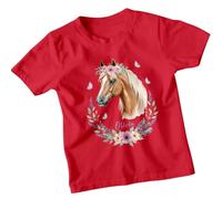 Personalised Olivia Horse Girls T-Shirt Custom Name Watercolor Animals Tee Kids Top with Floral Wreath Butterflies 9-11 Years Red