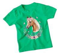 Personalised Olivia Horse Girls T-Shirt Custom Name Watercolor Animals Tee Kids Top with Floral Wreath Butterflies 3-4 Years Kelly Green