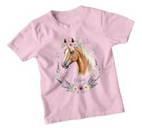 Personalised Olivia Horse Girls T-Shirt Custom Name Watercolor Animals Tee Kids Top with Floral Wreath Butterflies 3-4 Years Light Pink