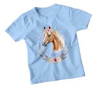 Personalised Olivia Horse Girls T-Shirt Custom Name Watercolor Animals Tee Kids Top with Floral Wreath Butterflies 9-11 Years Sky Blue