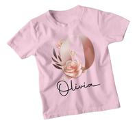 Personalised Olivia Initial O Floral Monogram Girls Kids T-Shirt Custom Name Birthday Gift Childrens Tee 5-6 Years Light Pink